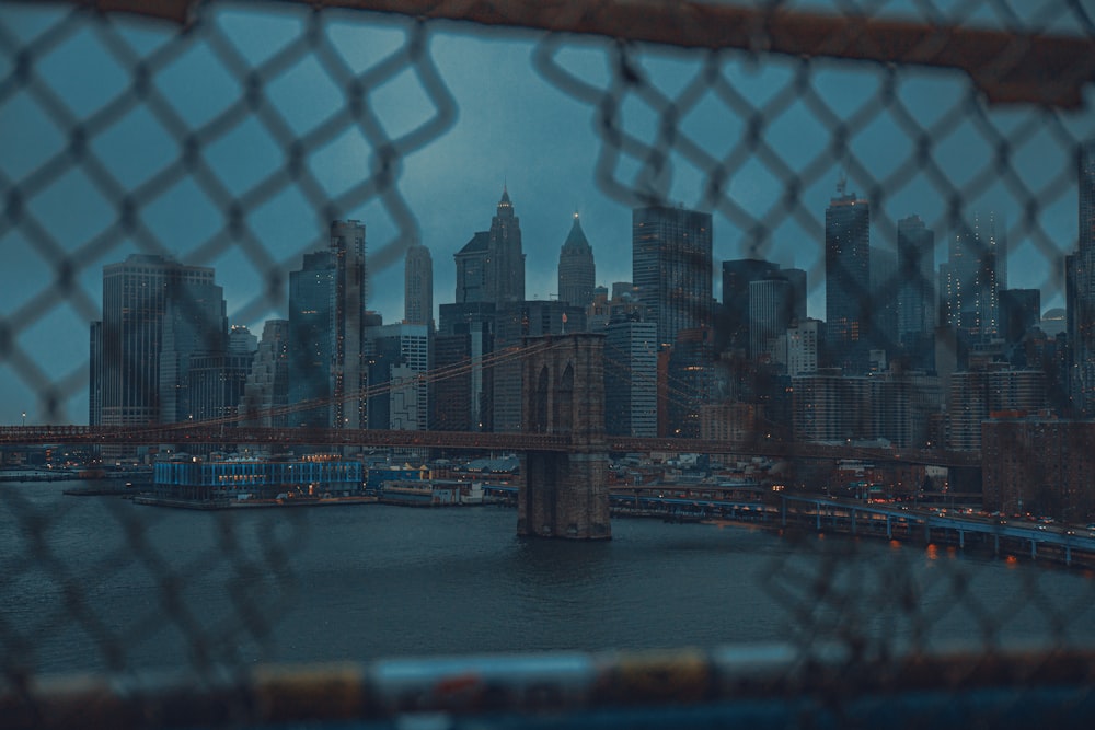 a view of a city through a chain link fence