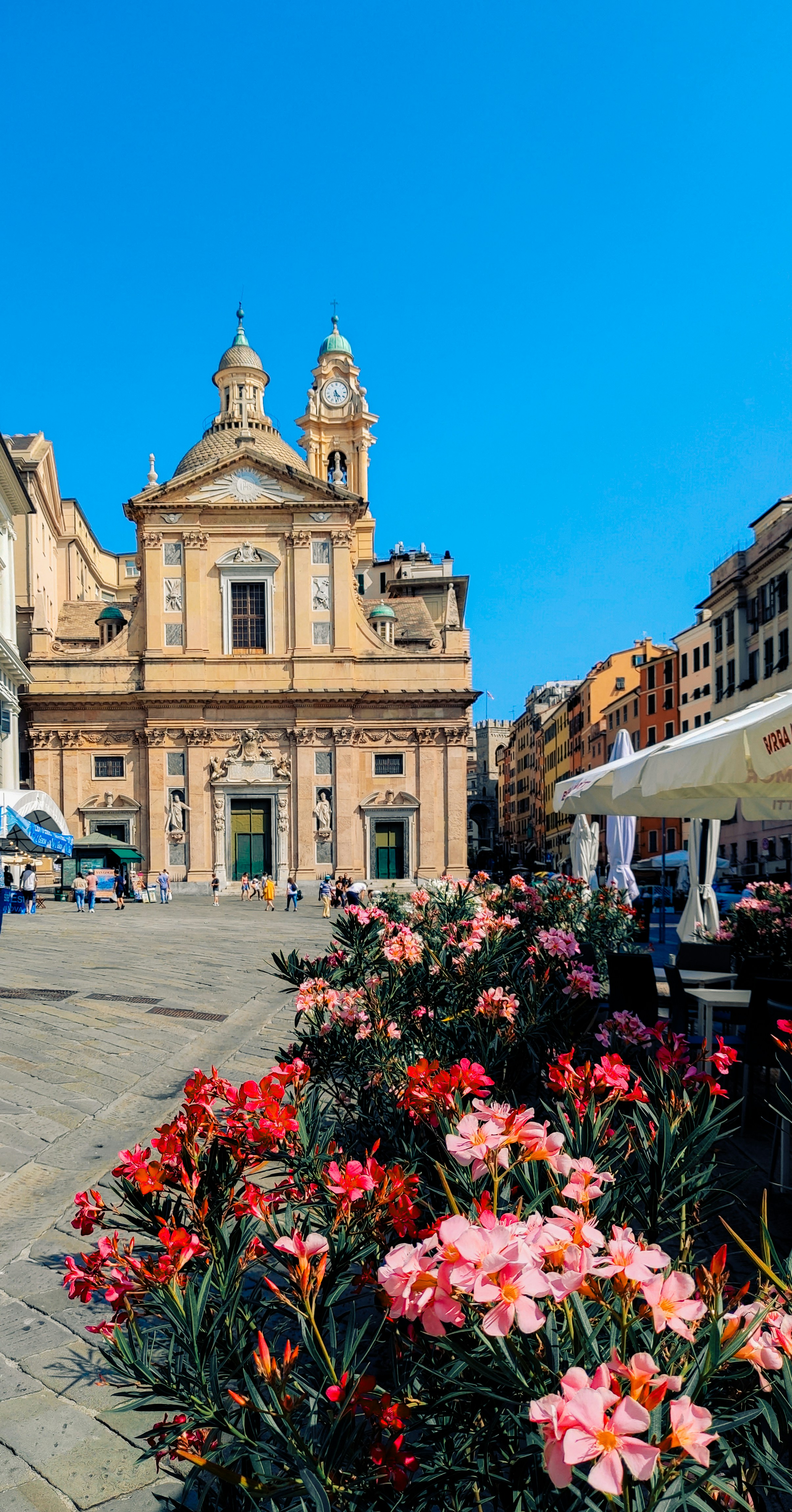 a large building with a bunch of flowers in front of it