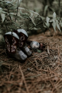 A pair of cowboy boots and a belt with an ornate buckle are placed on a forest floor covered with pine needles and surrounded by green ferns.