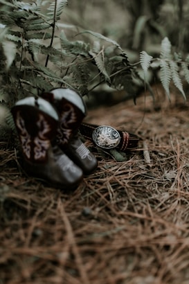 A pair of cowboy boots and a belt with an ornate buckle are placed on a forest floor covered with pine needles and surrounded by green ferns.