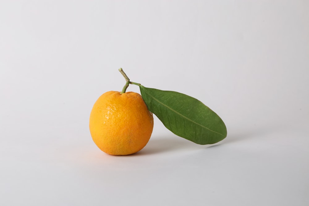 an orange with a green leaf on a white background