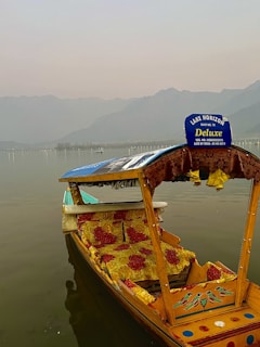 A wooden boat with a colorful, patterned canopy and seating drifts on a calm lake. The backdrop includes misty mountains under a cloudy sky, with minimal visibility. The boat features signs and decorations, adding vibrant contrast to the serene setting.