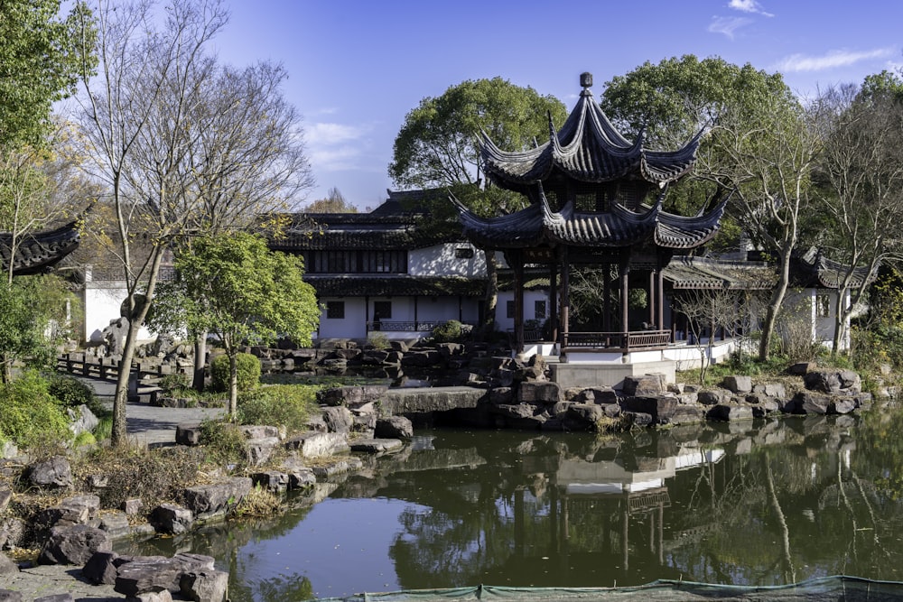 ein Teich in einem Park mit einer Pagode im Hintergrund