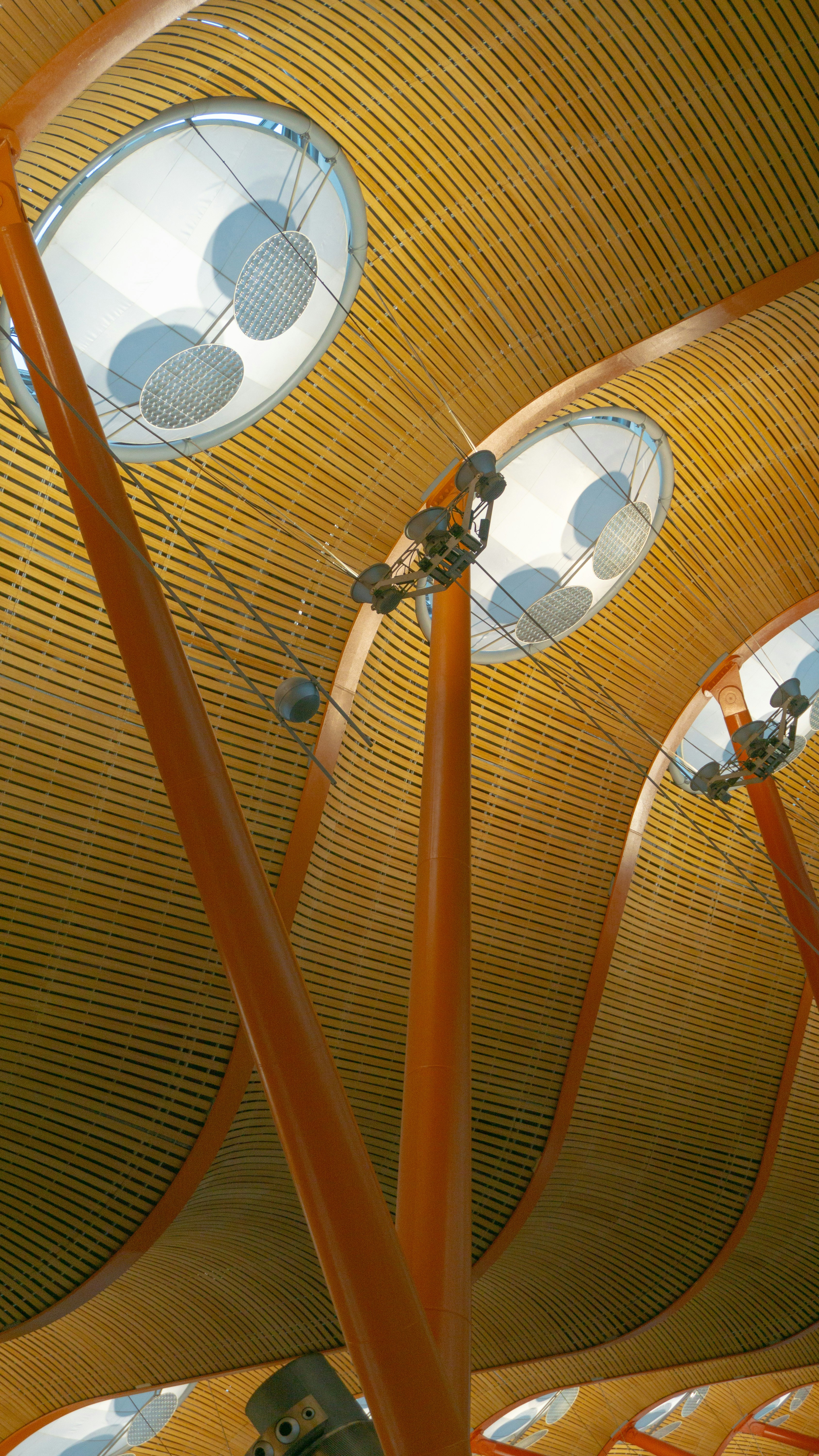 the ceiling of a building with multiple round windows