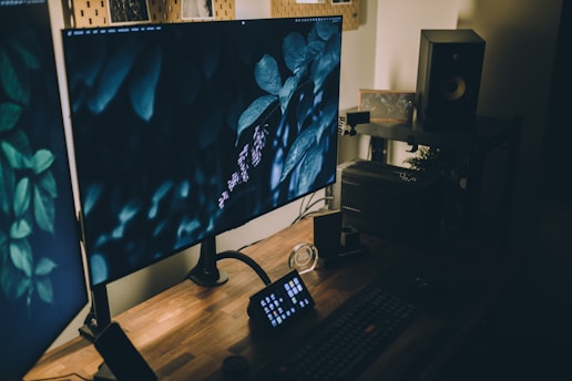 A dimly lit desk setup featuring a large monitor displaying a nature-themed wallpaper with leaves. The desk is equipped with a compact keyboard, a small control interface with buttons, and an audio speaker. A system unit is positioned on one side, and decorative elements like a small plant and a framed photo are present.