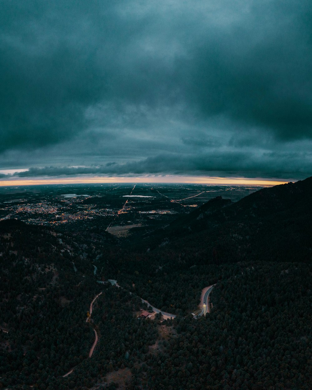 a view of a city from a high up in the sky