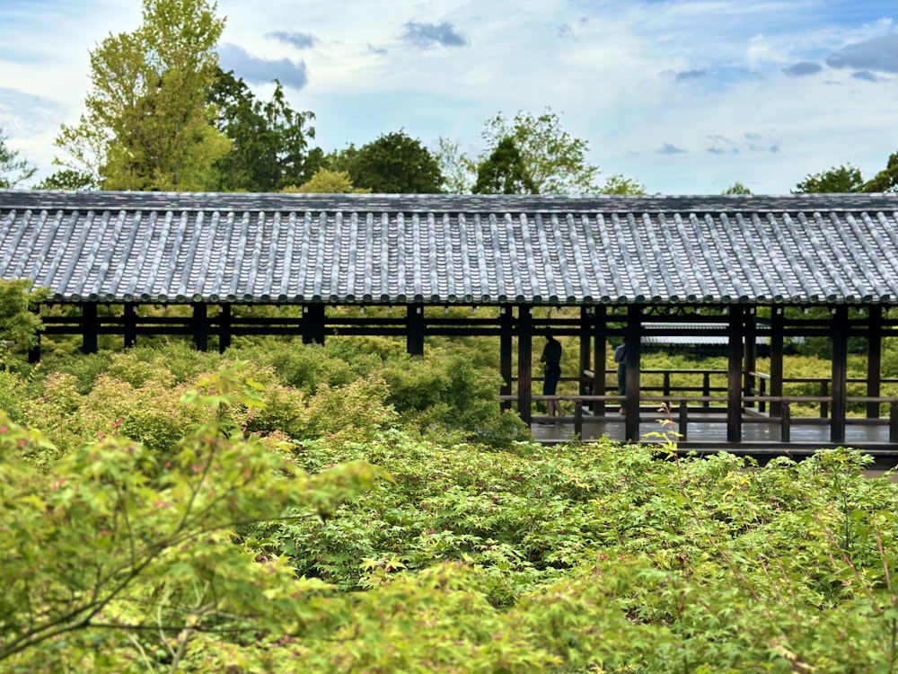 a building in the middle of a lush green field