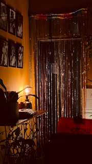 Cozy secret room with warm lighting and vintage decor.