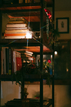 Moody bookshelf lined with fantasy and romance novels, illuminated by soft cream candlelight in a cozy nook.