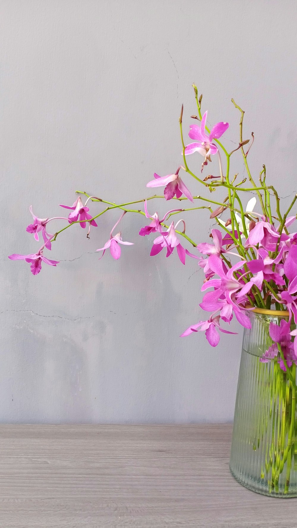 a vase filled with pink flowers on top of a wooden table