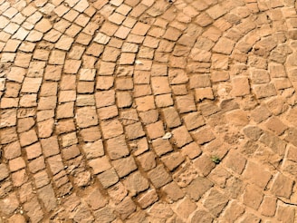 A detailed view of a cobblestone pavement laid out in a circular pattern. The stones are of irregular shapes and sizes and are set tightly against one another, with visible gaps and some small debris like leaves scattered on the surface.