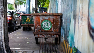 Workers installing metal trash bins along a city sidewalk.