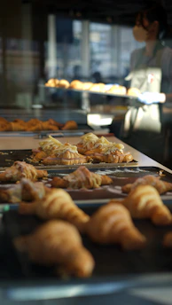 A bakery setting with trays of freshly baked croissants on display, some topped with sliced almonds and cream. A person wearing an apron is visible in the background, managing the baked goods.