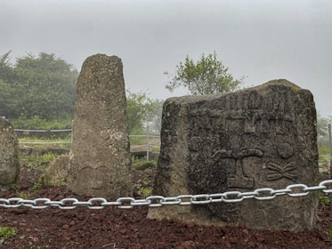 Two ancient stone monoliths with carved symbols and faces are set against a misty background, surrounded by lush greenery. A chain runs in front of the stones, indicating they are part of a protected area.