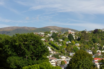 A scenic view of a hillside neighborhood with numerous houses surrounded by lush greenery. The landscape extends into the distance, with additional hills under a clear blue sky.