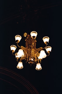 A vintage chandelier with ornate metalwork and multiple glowing bulbs is suspended in a dark setting. The intricate design features scroll-like patterns and frosted lamp covers, giving off a warm and inviting light.