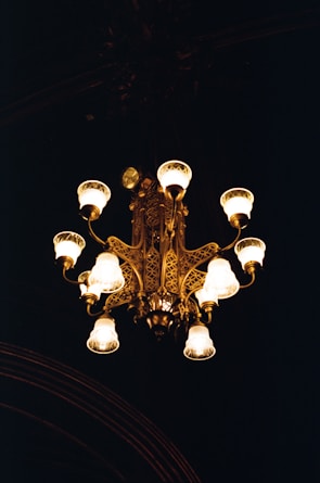 A vintage chandelier with ornate metalwork and multiple glowing bulbs is suspended in a dark setting. The intricate design features scroll-like patterns and frosted lamp covers, giving off a warm and inviting light.