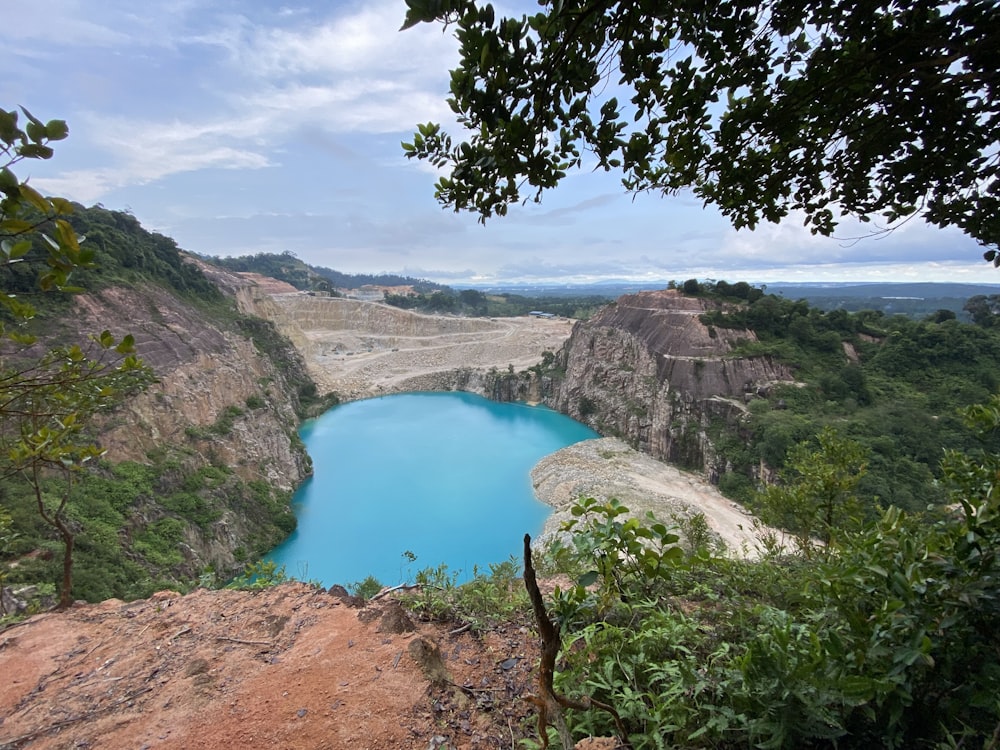 a blue lake surrounded by mountains and trees