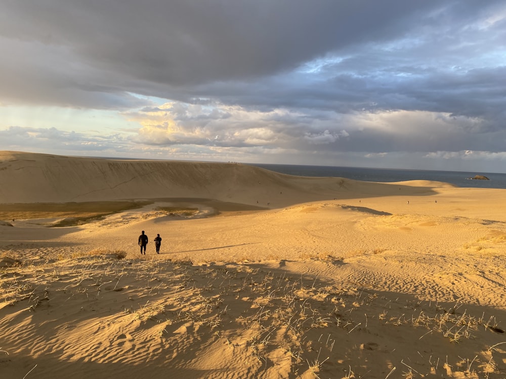 a couple of people walking across a sandy field