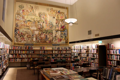 A school library filled with reused books brightening up the room.
