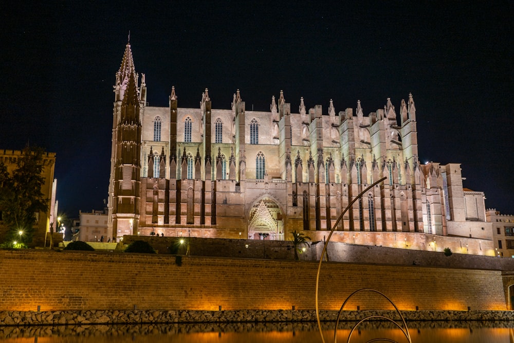 eine große Kathedrale, die nachts beleuchtet ist und vor der Wasser steht