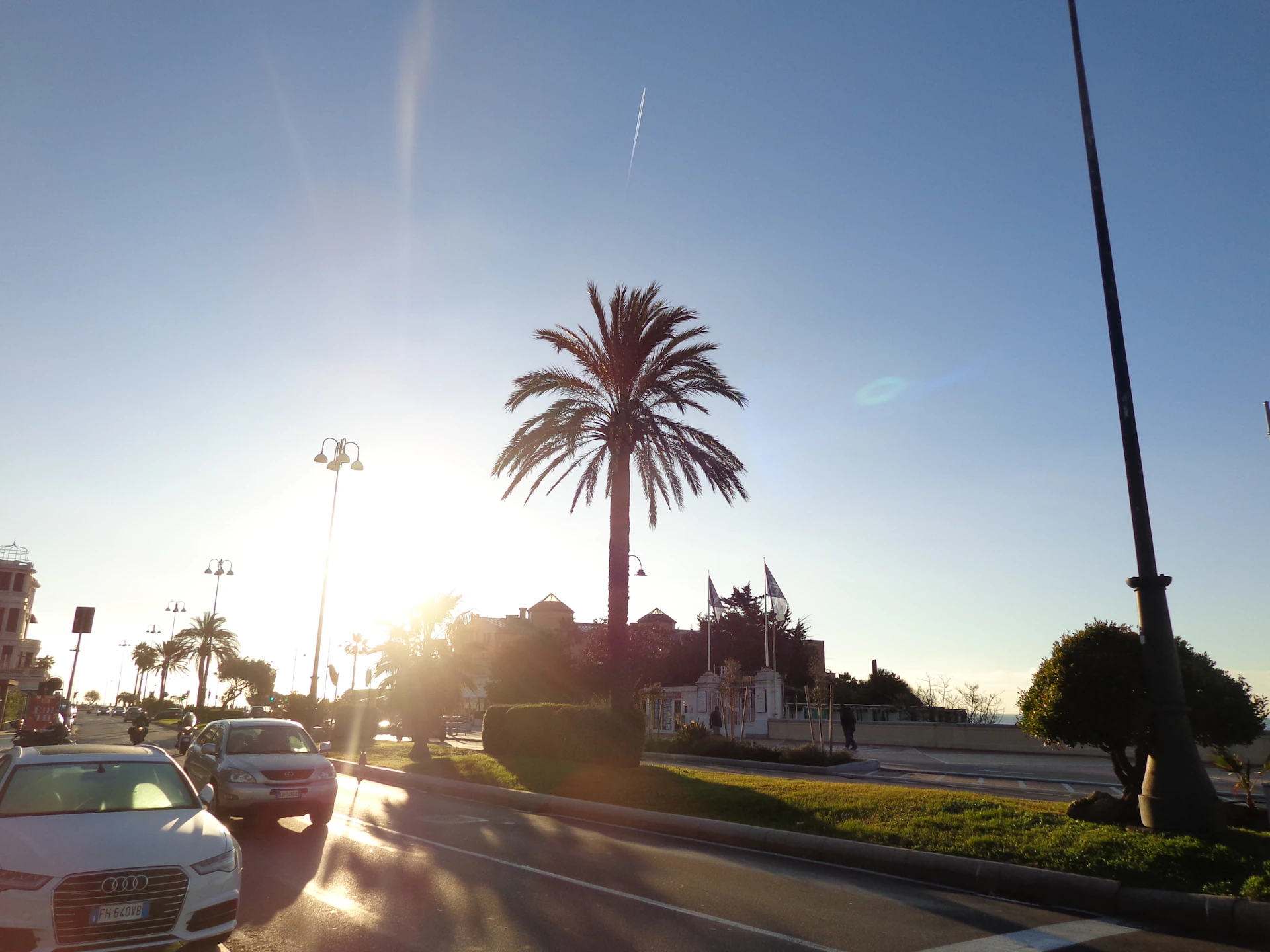 A vibrant downtown Weston, Florida street scene at sunset, showcasing local businesses and palm trees.