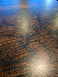 A close-up of a handcrafted botanical pattern etched into a polished wood surface, highlighting fine details and natural textures.