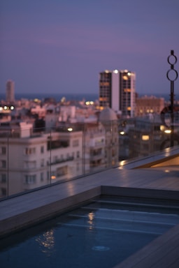 Rooftop swimming pool with city skyline view at dusk