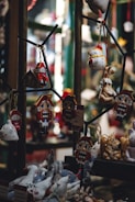 A display of Christmas ornaments and decorations.