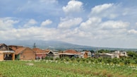 A rural landscape with a row of small houses featuring red and brown rooftops, surrounded by lush greenery and fields. The background consists of distant mountains under a partly cloudy sky, creating a serene and peaceful atmosphere.