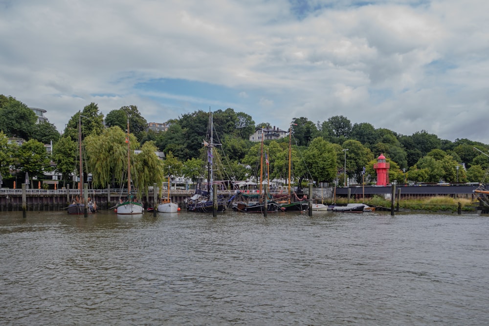 a body of water with boats and trees in the background