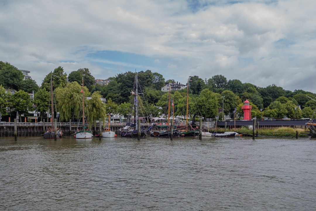 a body of water with boats and trees in the background,