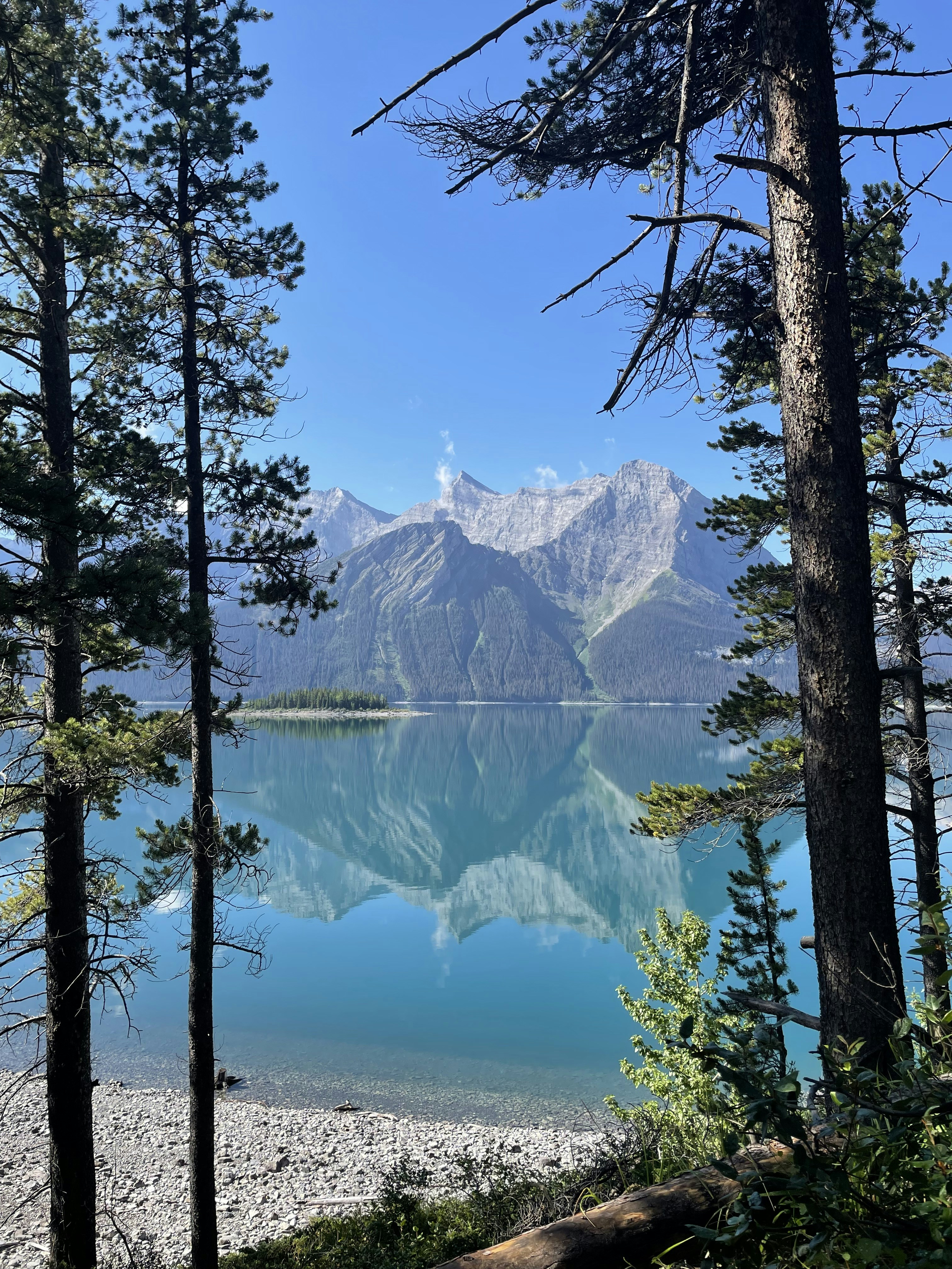 a lake surrounded by trees with mountains in the background