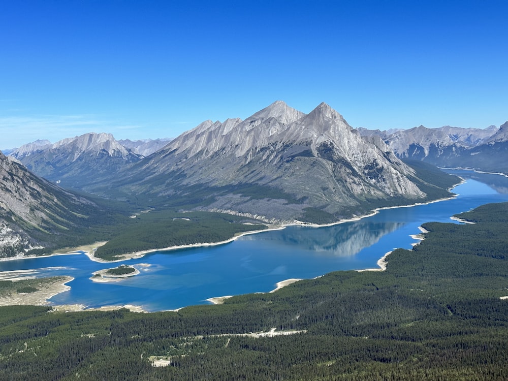 a view of a lake surrounded by mountains