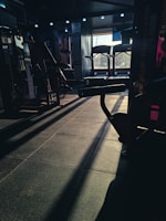 A dimly lit gym space with various fitness equipment including treadmills and weight machines. The sunlight creates long shadows on the floor, adding contrast to the scene.