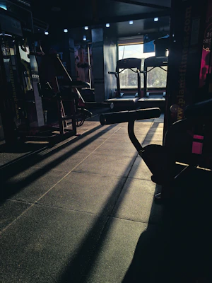 a gym with a row of exercise equipment