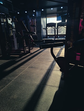 A dimly lit gym space with various fitness equipment including treadmills and weight machines. The sunlight creates long shadows on the floor, adding contrast to the scene.