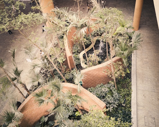 An aerial view of a landscaped area featuring a series of curved brick walls enclosing lush green vegetation. Tall trees with narrow trunks and various types of leafy plants fill the space. The design incorporates a small pond or water feature that adds a tranquil element. The surrounding area includes tiled flooring, and a few people are seen walking along the paths.