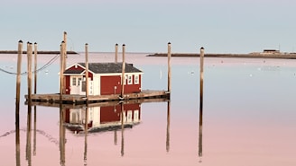A small red houseboat is floating peacefully on calm water, surrounded by several wooden poles. The reflection of the boat and poles creates a mirror image on the water's surface. The background reveals a serene seascape with a gentle horizon and a pale pink and blue sky.