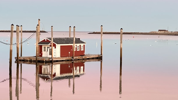 A small red houseboat is floating peacefully on calm water, surrounded by several wooden poles. The reflection of the boat and poles creates a mirror image on the water's surface. The background reveals a serene seascape with a gentle horizon and a pale pink and blue sky.