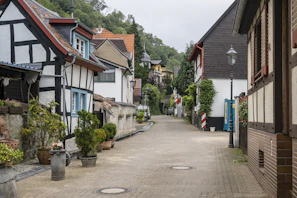 A quaint village street in Twann with rustic houses and cobblestone paths.