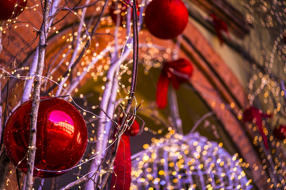 a bunch of christmas ornaments hanging from a tree