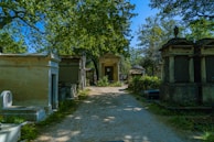 Tombs and mausoleums are arranged along a dirt path, surrounded by lush green trees. The scene is peaceful, with sunlight filtering through the leaves, casting dappled shadows on the ground.