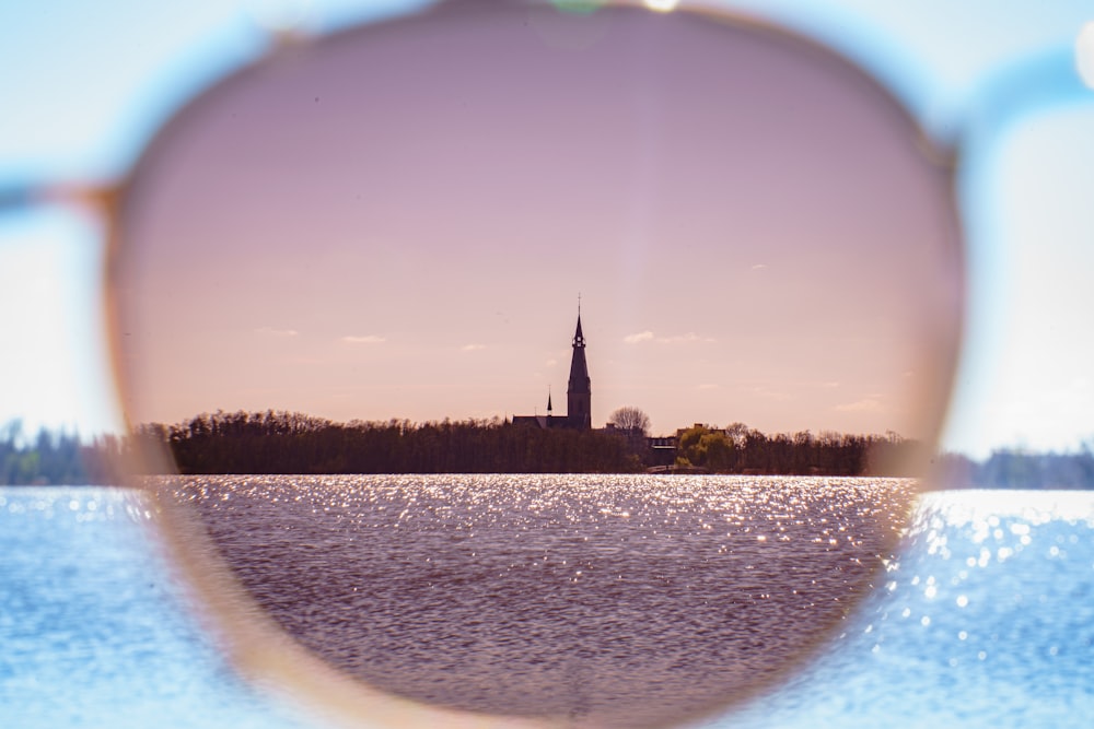 a view of a church through a magnifying glass