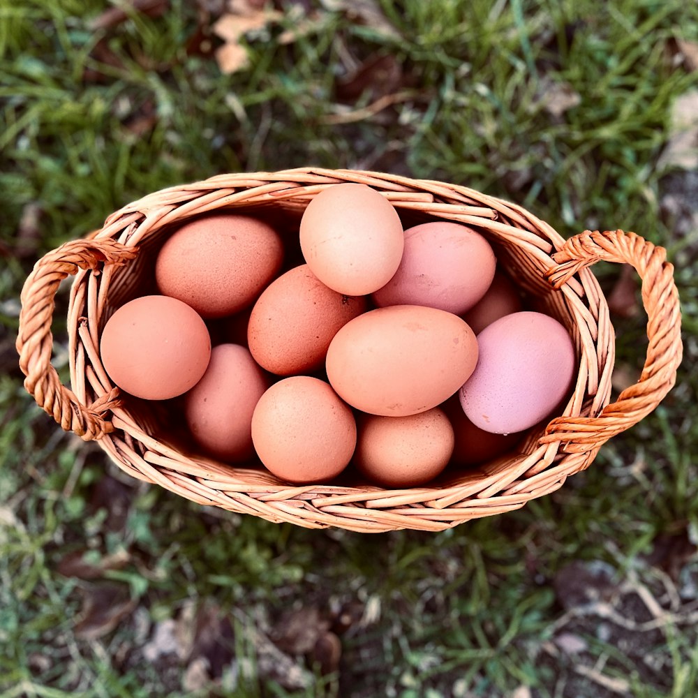 a basket filled with eggs sitting on top of a grass covered field