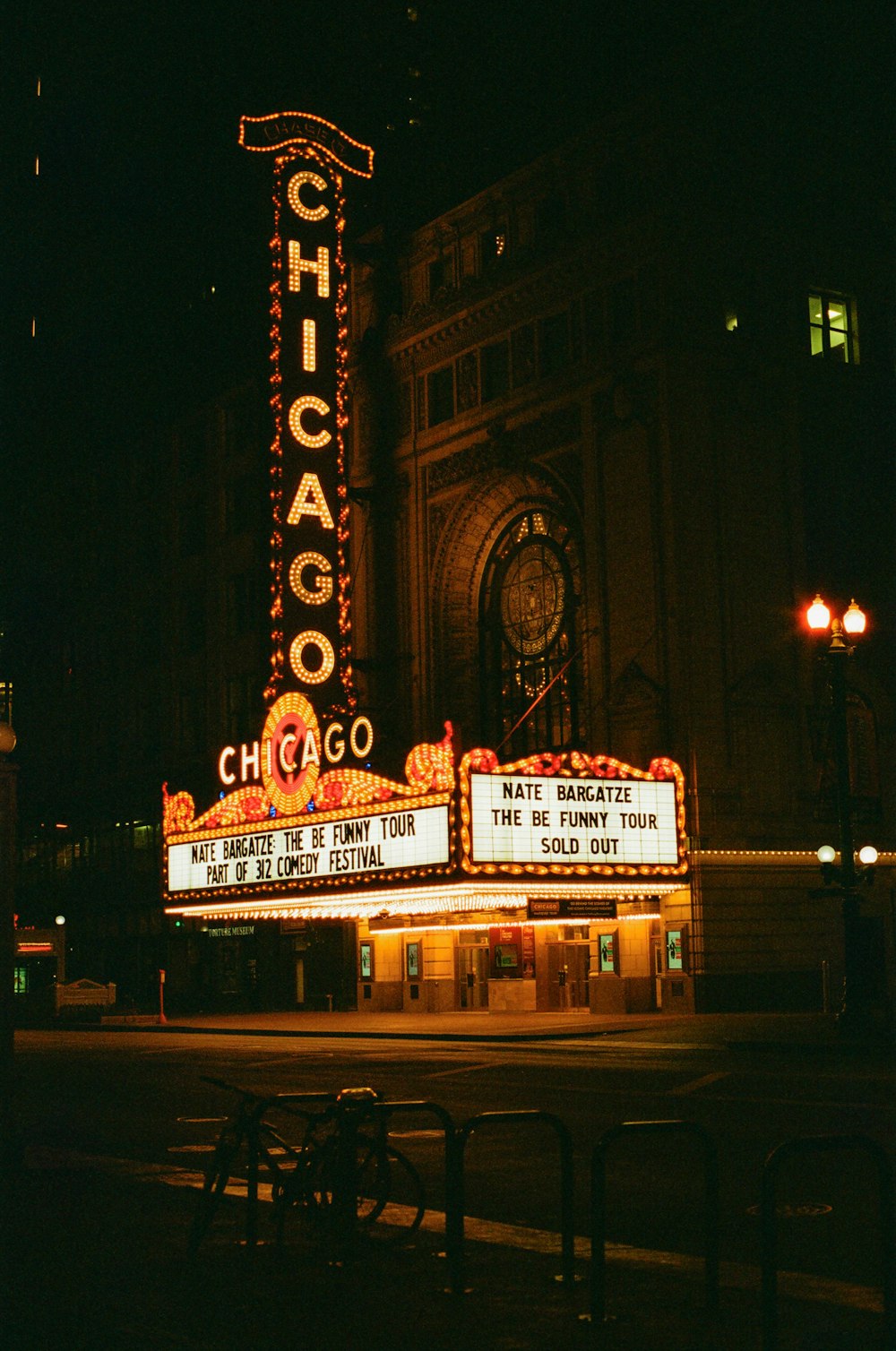 a chicago theater marquee lit up at night