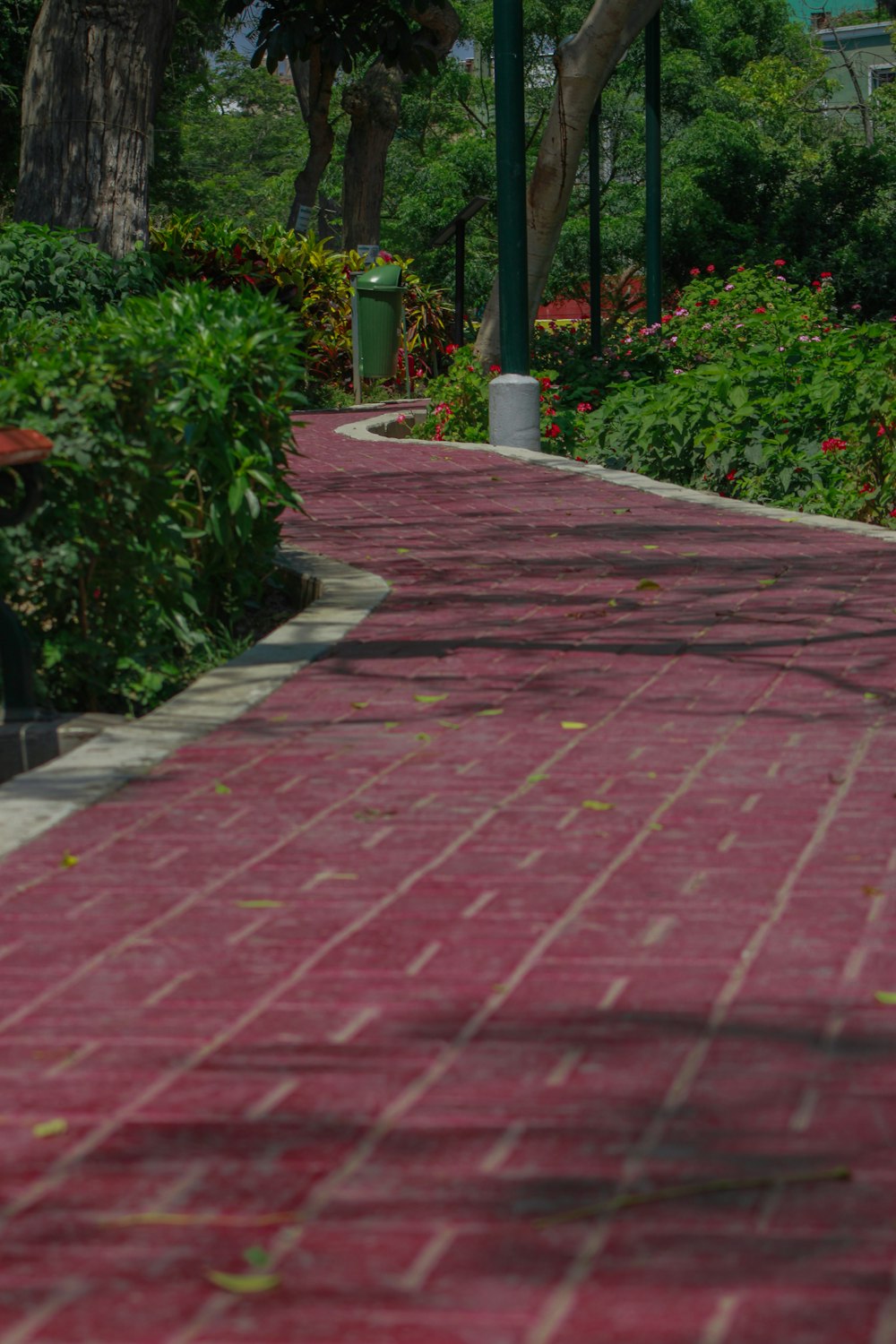 a red brick sidewalk with a bench and trees