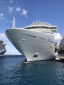 A large cruise ship named Carnival Vista is docked at a port. The ship is positioned prominently in the water, with visible decks and modern design. On the right side, a dock is visible with people walking nearby. Another cruise ship is seen in the background.