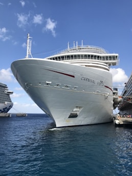 A large cruise ship named Carnival Vista is docked at a port. The ship is positioned prominently in the water, with visible decks and modern design. On the right side, a dock is visible with people walking nearby. Another cruise ship is seen in the background.
