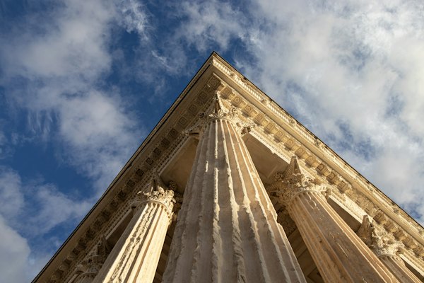 The Maison Carrée, the Roman temple, from below — Nîmes, France